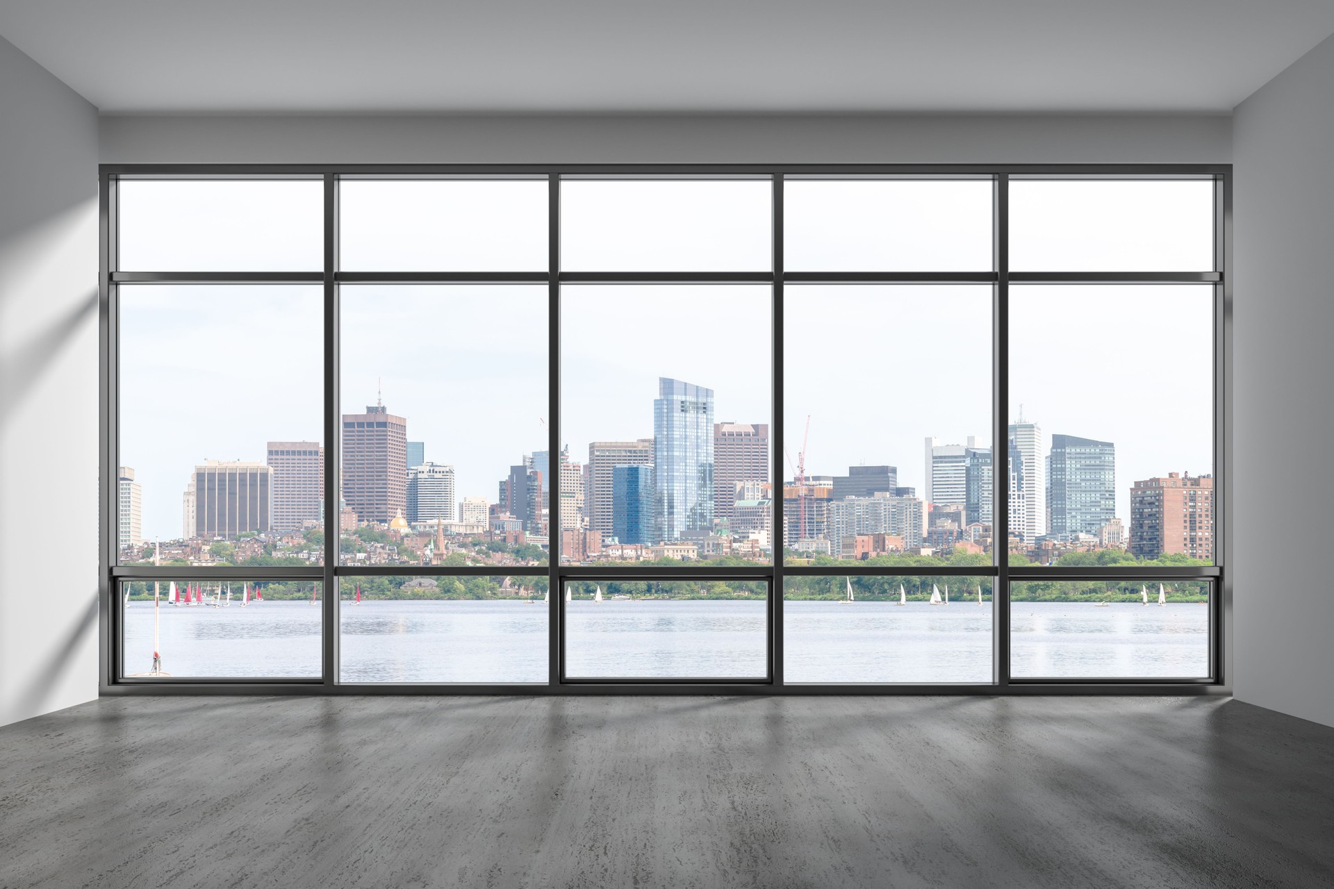 Panoramic picturesque city view of Boston at day time from modern empty room, Massachusetts. An intellectual, technological and political center. 3d rendering.